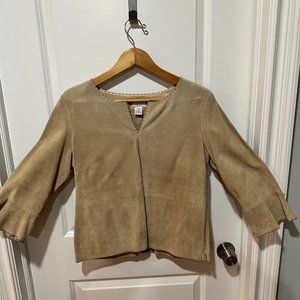 Beige Soft Suede Top/Blouse with brown piping & 3/4 bell sleeves, Size 12 P